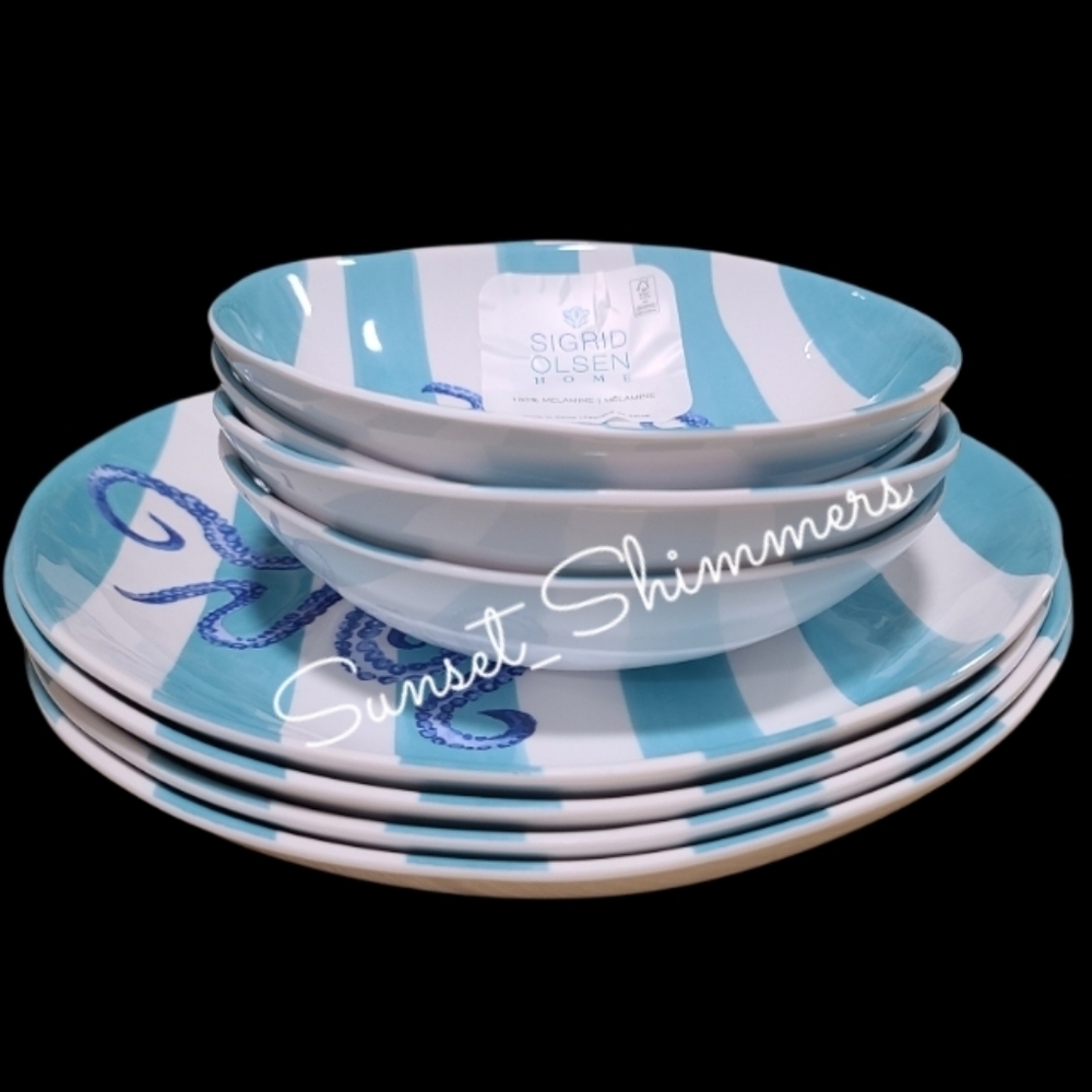 8pc Sigrid Olsen Blue Octopus Cabana Stripe Melamine Dinner Plate & Bowl Set New - Picture 8 of 10